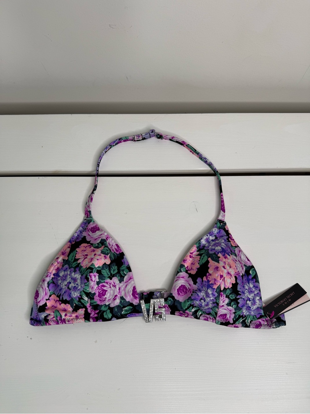 Victoria’s Secret Purple Floral VS Bling Halter Swim Top M NWT